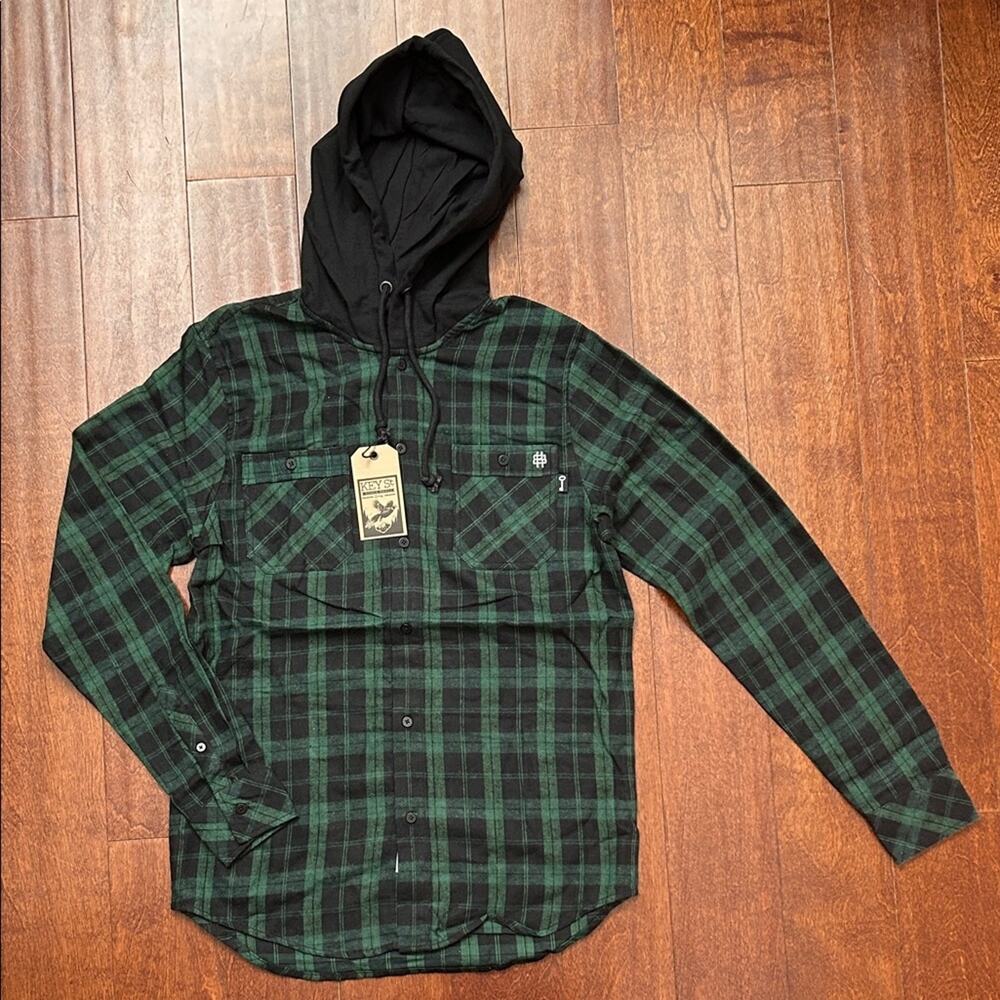 Key Street Green and Black Hooded Flannel Shirt, Size Medium, NWT